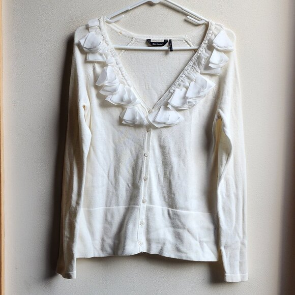 Daisy Fuentes Cream Ruffled Button Down Cardigan Size Small - Picture 7 of 16